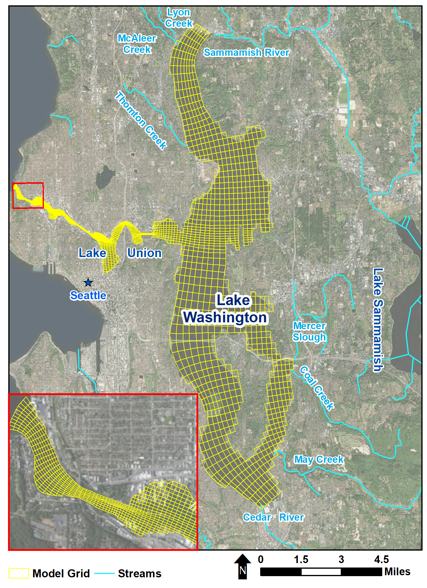 Figure 1. Lake Washington model location and grid.