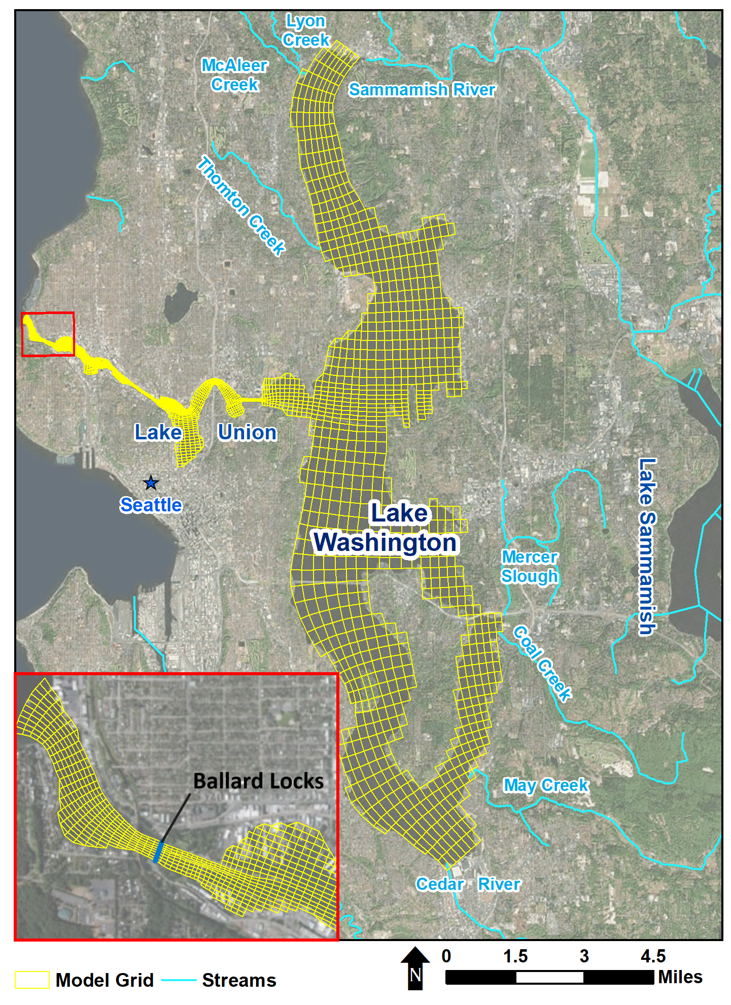 Figure 1. Lake Washington model location and grid.