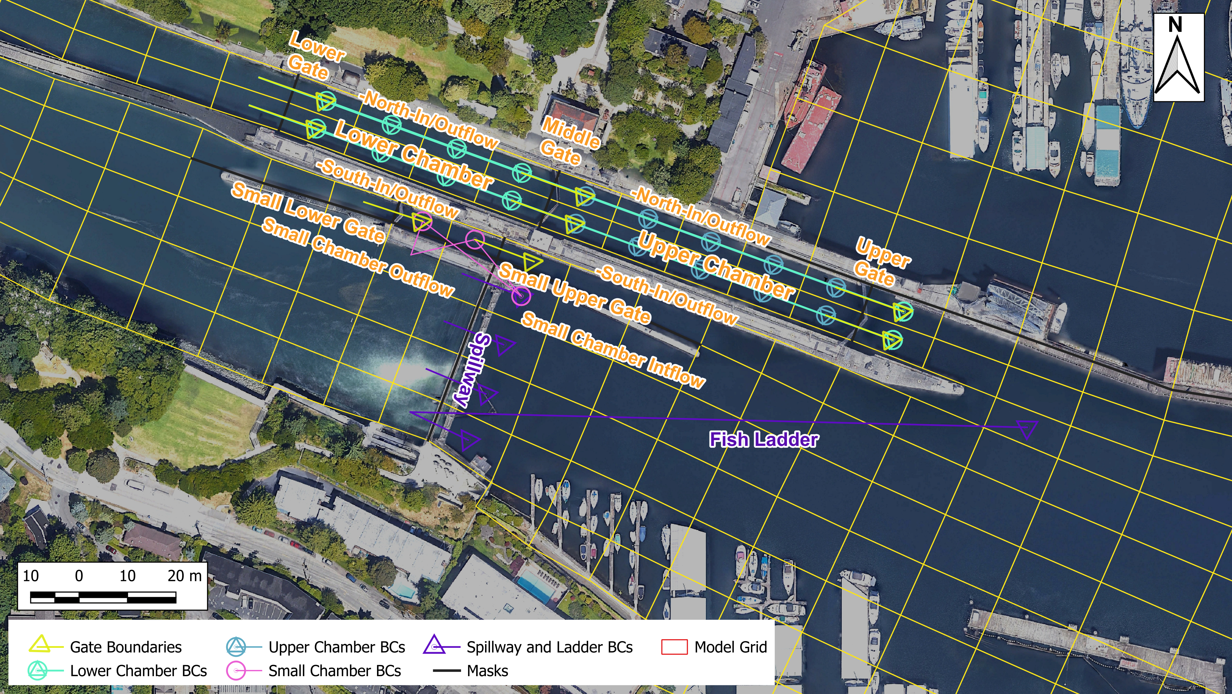 Figure 2. Gate configurations and hydraulic boundary setup in the EFDC+ model.