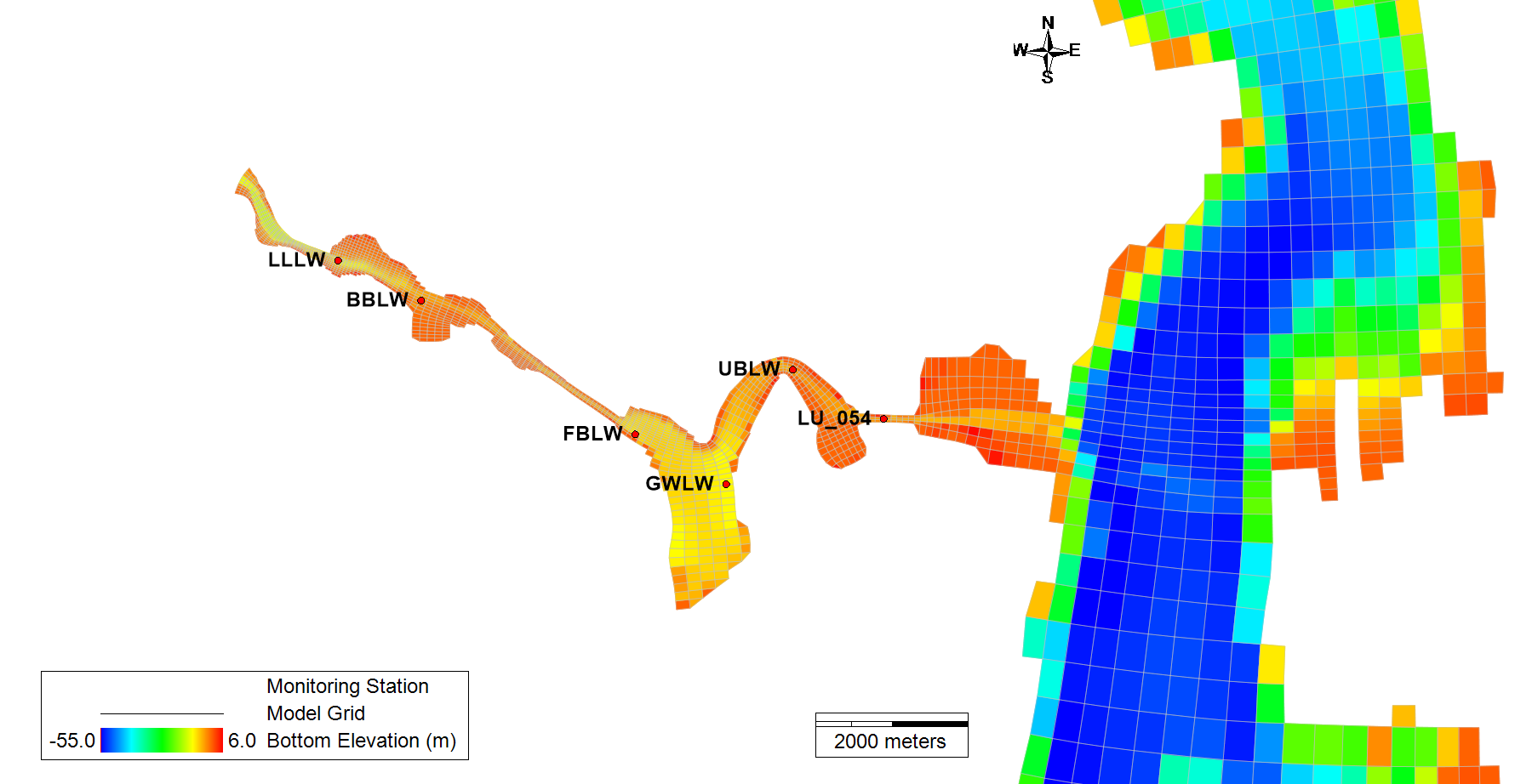 Figure 3. Locations of water temperature monitoring stations along a longitudinal profile of the LWSC