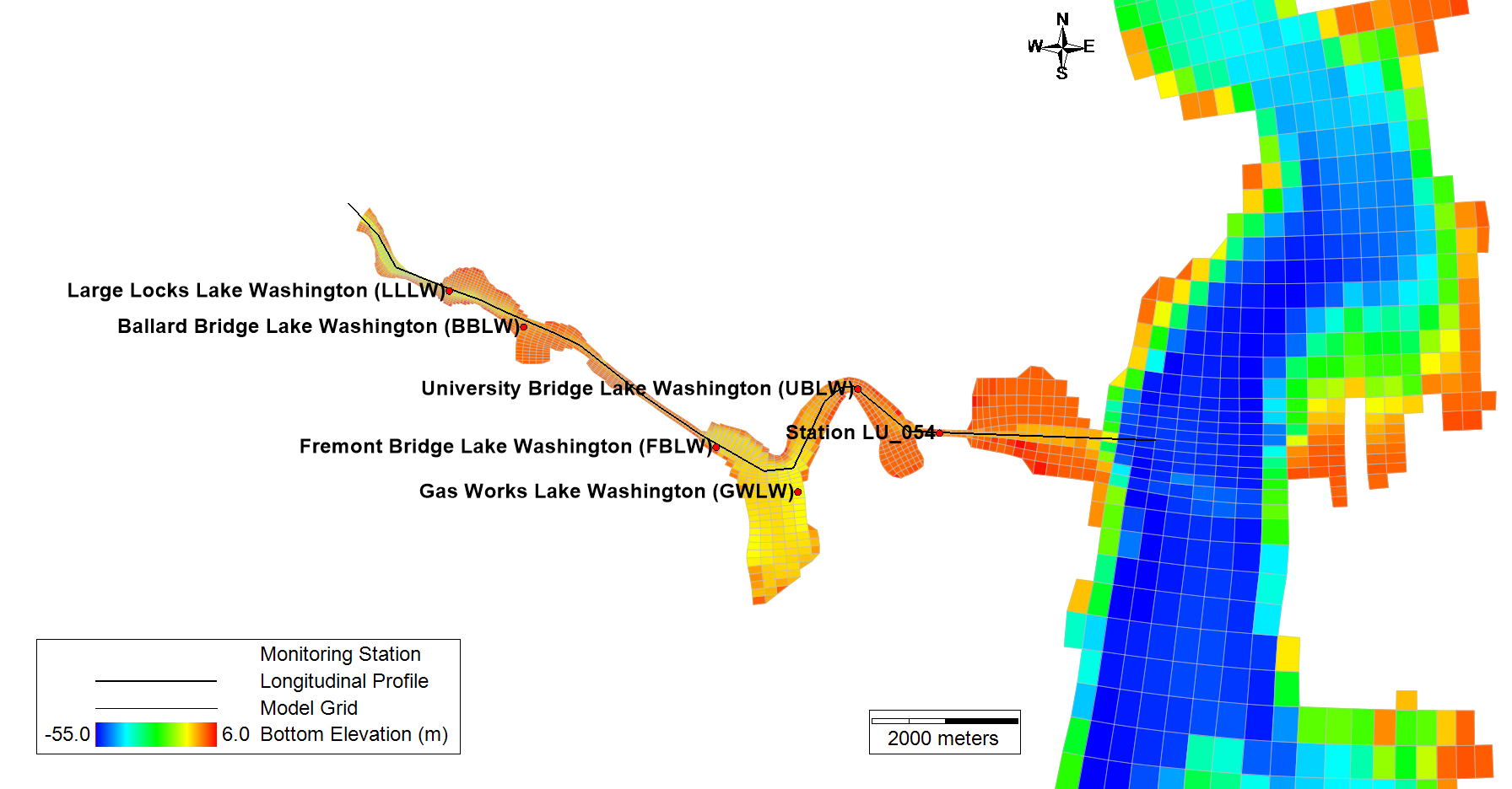 Figure 3. Locations of water temperature monitoring stations along a longitudinal profile of the LWSC