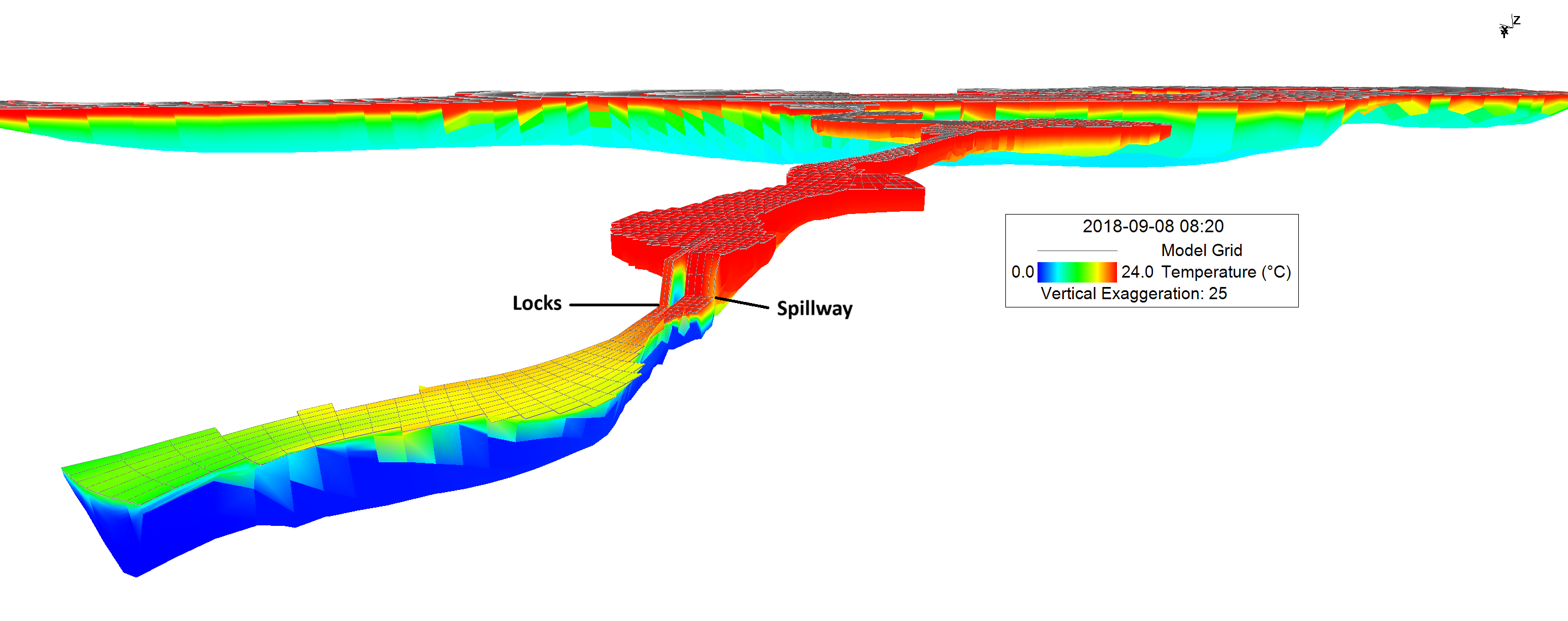Figure 8. 3D visualization of thermal layering from Puget Sound to Lake Union