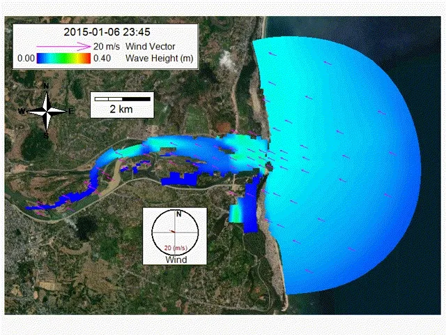 Figure 3. Simulated wave height at a selected time using 2DH View where wave height ranges from high (red color) to low (blue color).