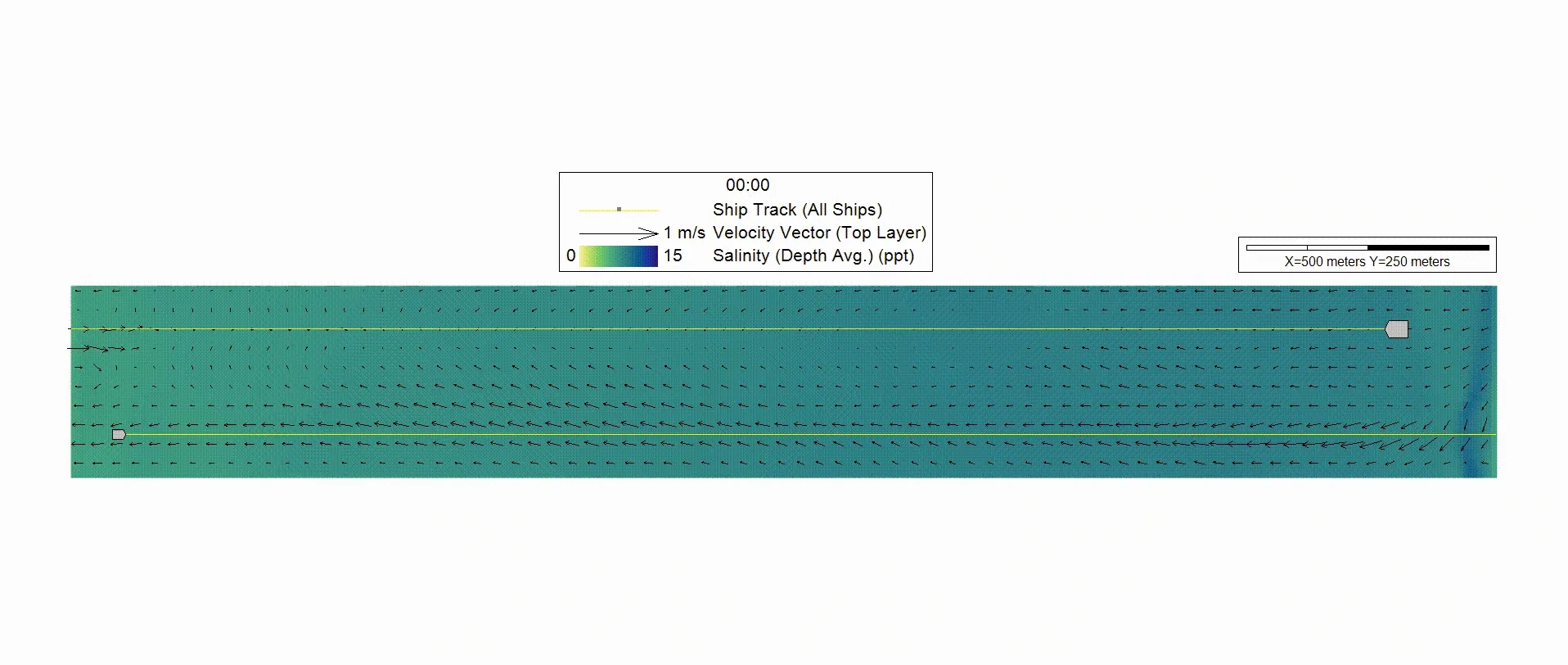 Animation 1 - Plan-view (2DH) animation showing depth-averaged salinity and surface velocity vectors across the full canal.