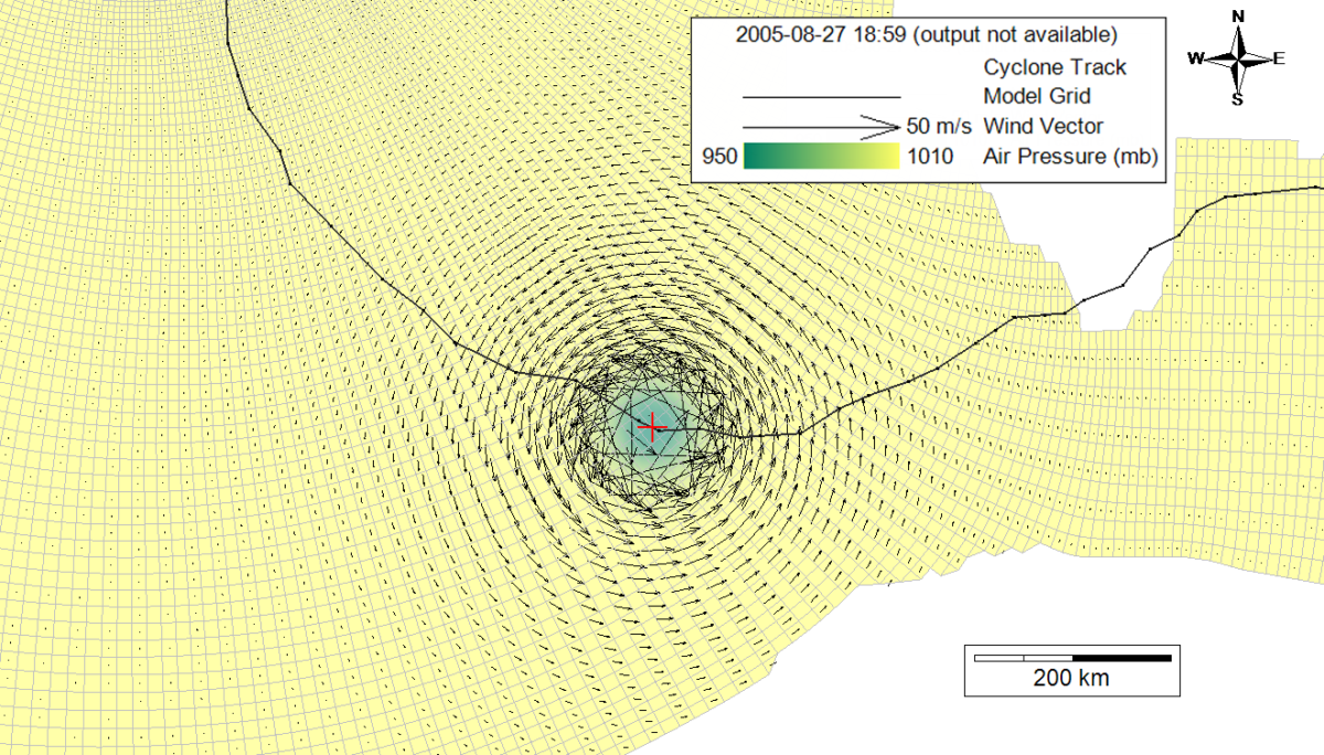 Figure 3. Air pressure and wind fields in the Gulf of Mexico off the Louisiana coast on August 27, 2005, shown with the track of Hurricane Katrina.
