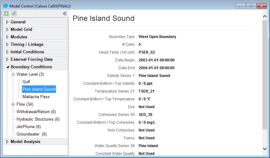 Boundary conditions defined for a model in EE.