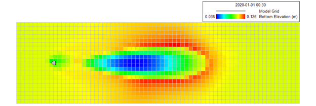 Figure 2. 2-Dimensional plan view of the bed elevation following the model simulation. Ship location is shown by the gray marker.