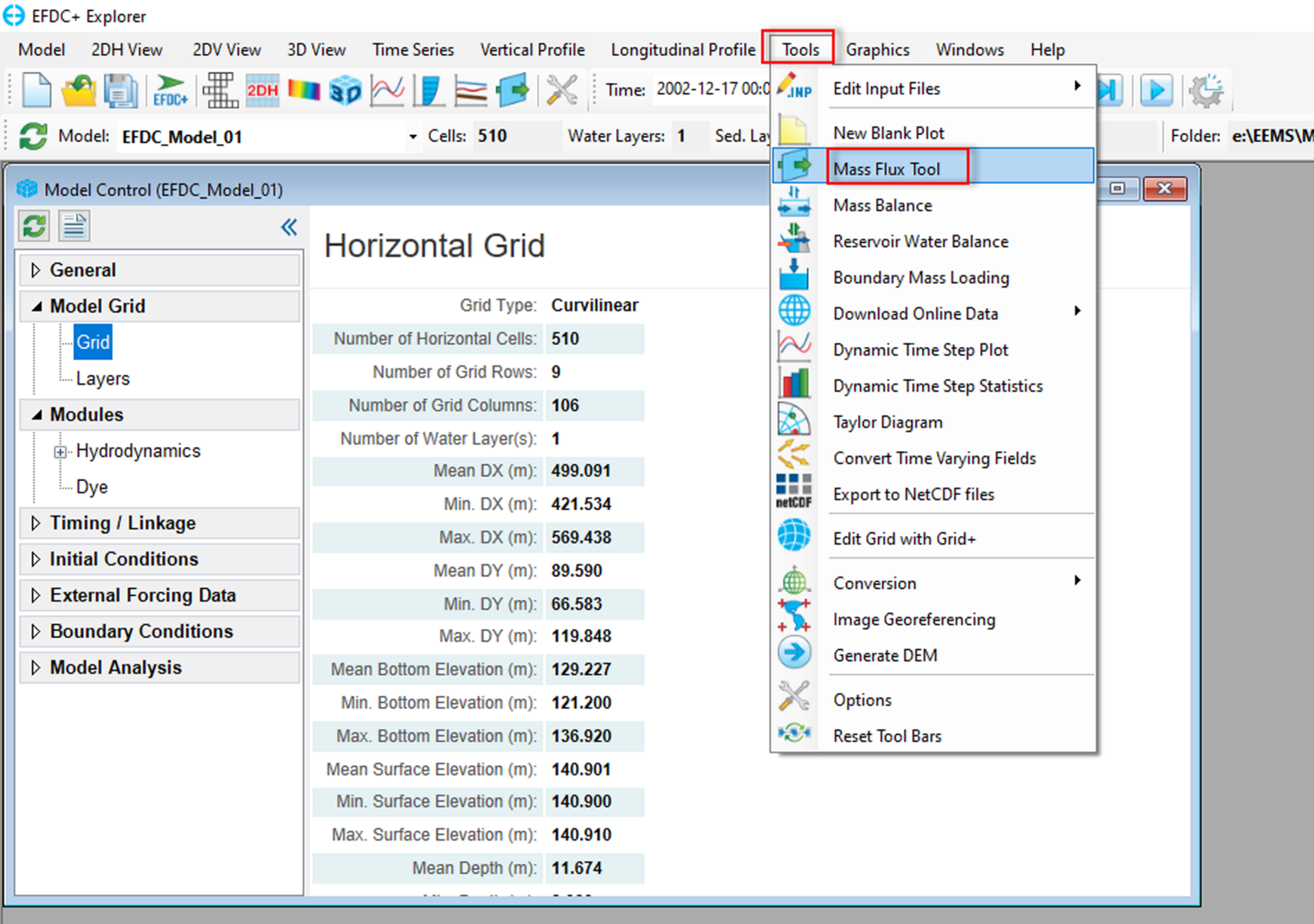 Figure 3. Mass Flux Tool in Tool Menu.