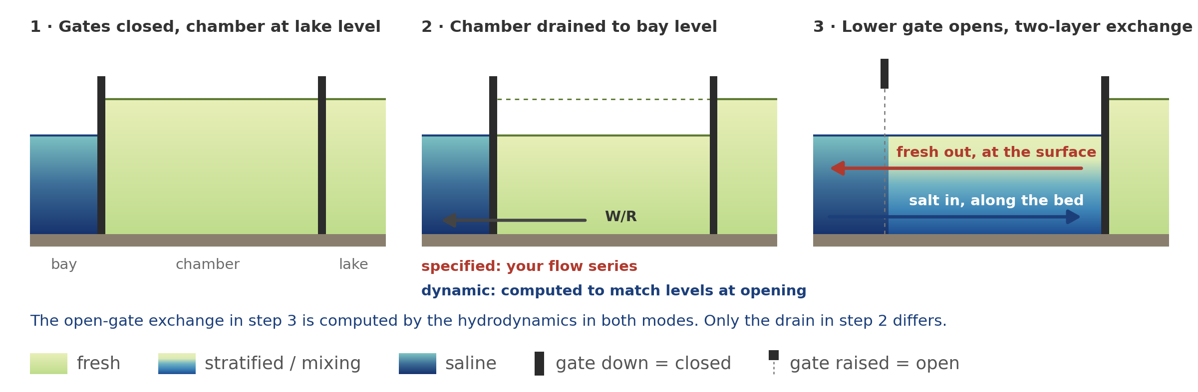 Three stages of one downbound lockage: gates closed with the chamber at lake level, the chamber drained to bay level, and the lower gate open with fresh water leaving at the surface while salt enters along the bed.