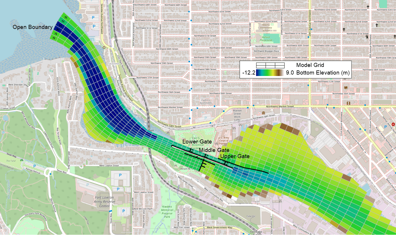 Model grid and bottom elevation from the open boundary in Shilshole Bay, through the lower, middle and upper gates, to the lake side of the Ship Canal.