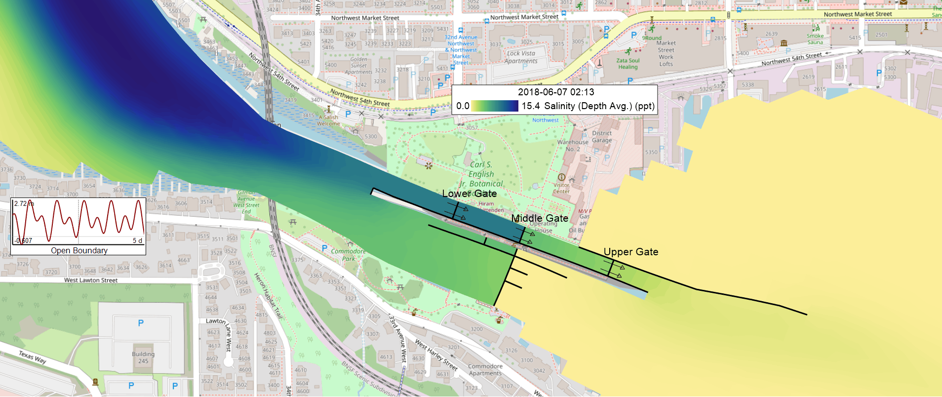 Depth-averaged salinity around the locks, with saline water from the bay reaching the lower chamber and fresh water on the lake side of the upper gate.
