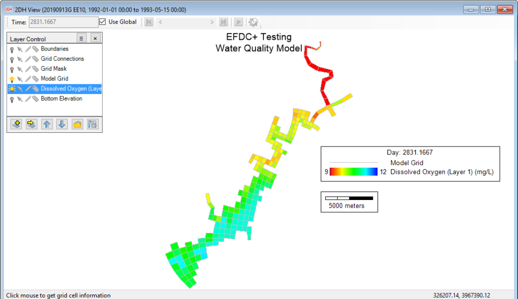 A horizontal slice of dissolved oxygen through the model.