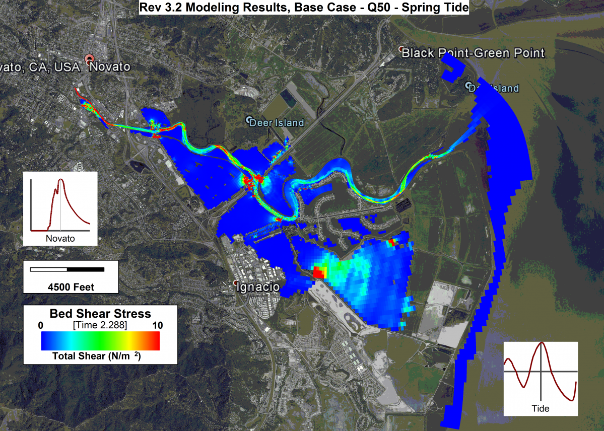 Modeled bed shear stress across the Novato Creek floodplain, shown over an aerial map.