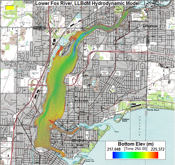 Bathymetry and model grid for the Little Lake Butte de Morts model.