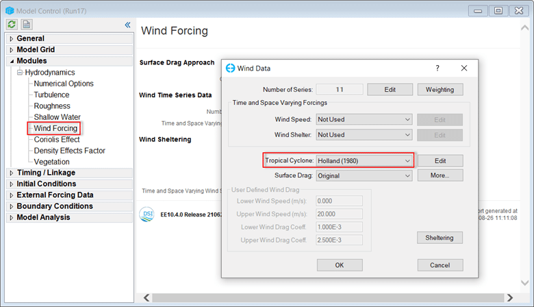 Figure 1. Activating the Tropical Cyclone module in EFDC+ Explorer.