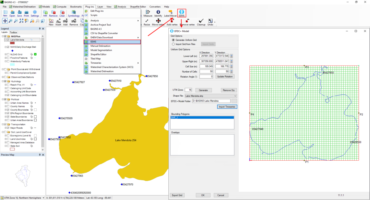 Screen capture of EEMS plugin for BASINS GUI