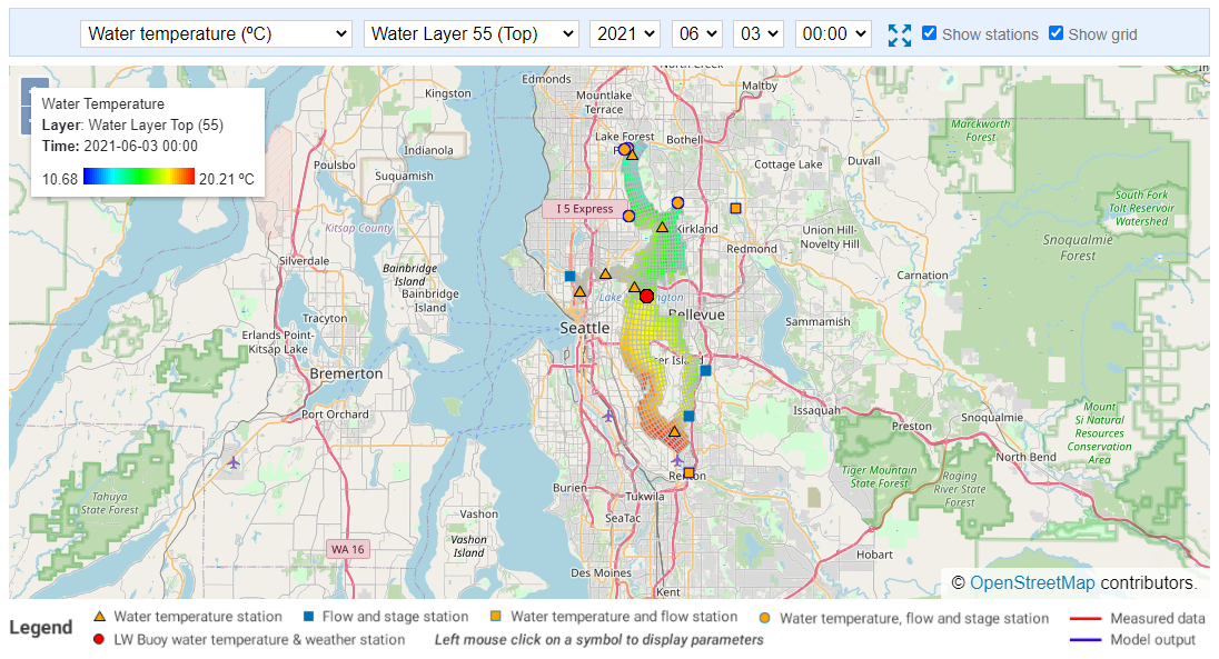 Figure 5: Map view from the real-time Lake Washington model portal.