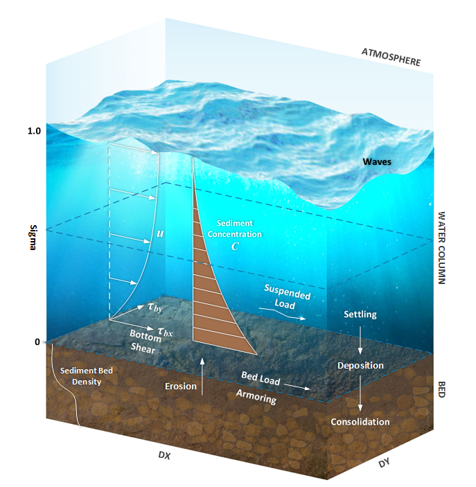 Sediment transport conceptual framework, showing waves and the velocity and sediment concentration profiles through the water column, with settling, deposition, erosion, bed load, armoring, and consolidation at the bed.