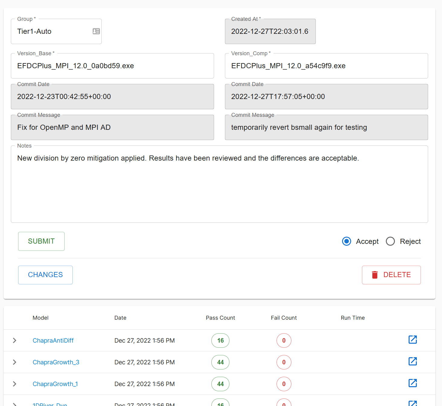 Figure 2. Web UI for reviewing test results.