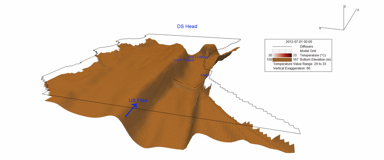3D simulation of thermal discharge from nuclear power plant diffusers.